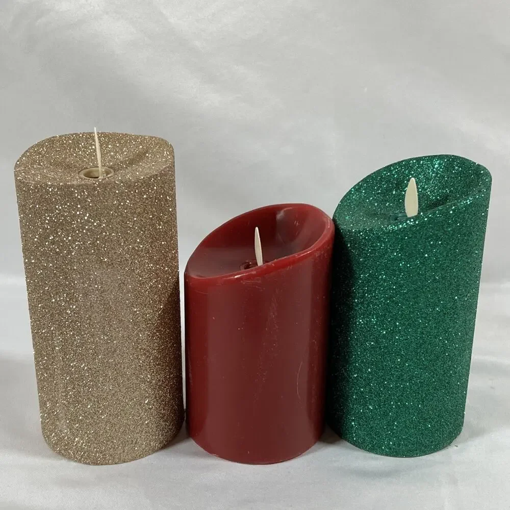 Lot of 3 Luminara Candles Christmas Gold Green Glitter Red Remote 4-10hr Timer